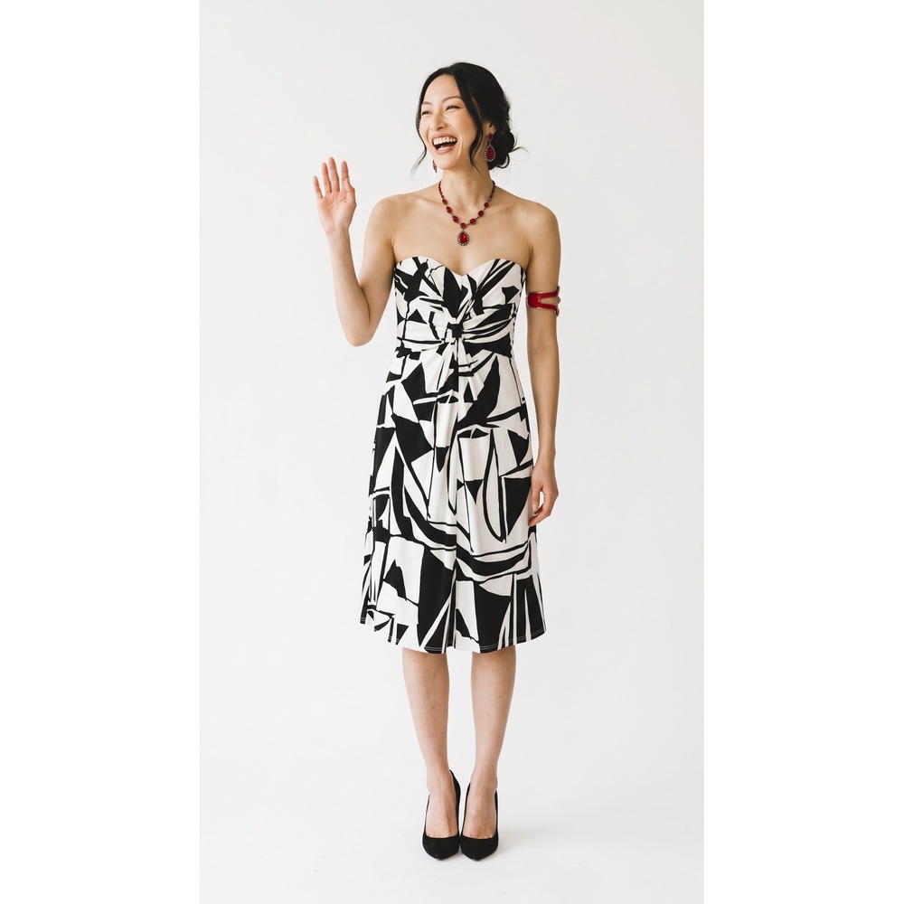 Vintage David Meister Black & White Abstract Geometric Strapless Dress - Size 4